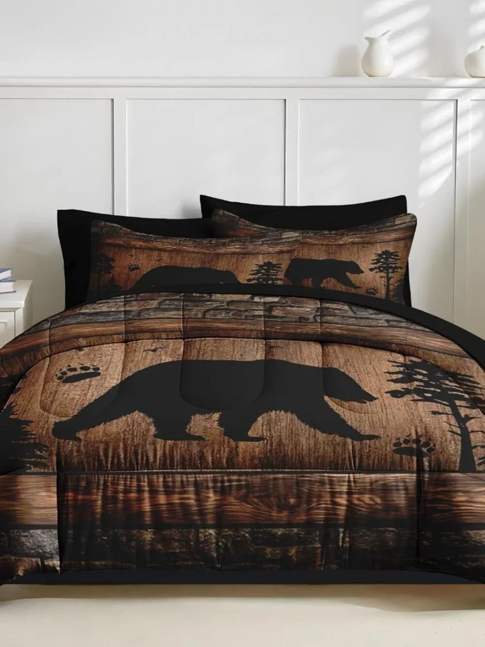 7 Pcs Comforter Set Queen Size, Wild Animal Brown Wooden Plank Bedding Set for K
